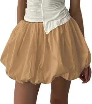 Multitrust Women Y2K Puffy Mini Bubble Skirts Ruffle Hem High Waisted Short Skirts Flared Balloon A Line Skirt Streetwear