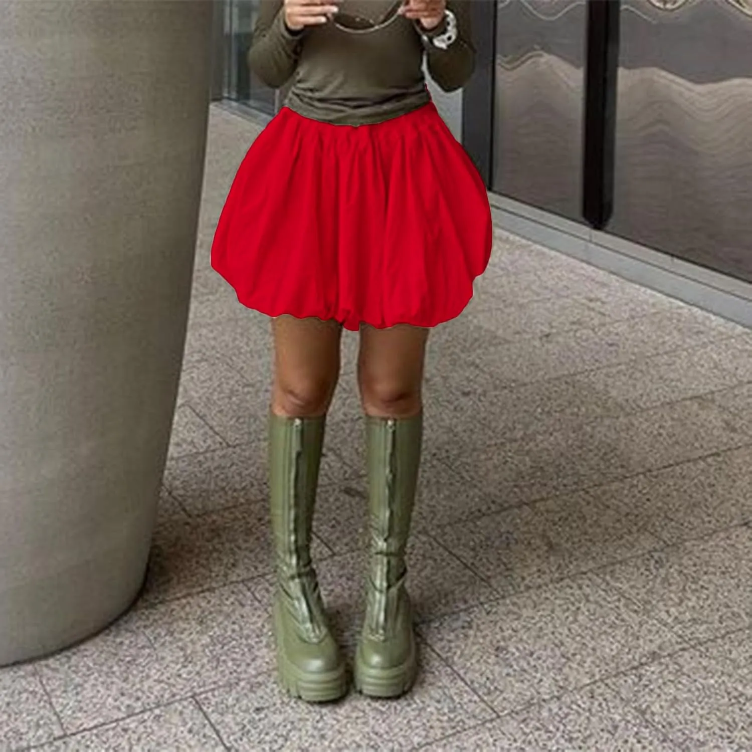 Multitrust Women Y2K Puffy Mini Bubble Skirts Ruffle Hem High Waisted Short Skirts Flared Balloon A Line Skirt Streetwear
