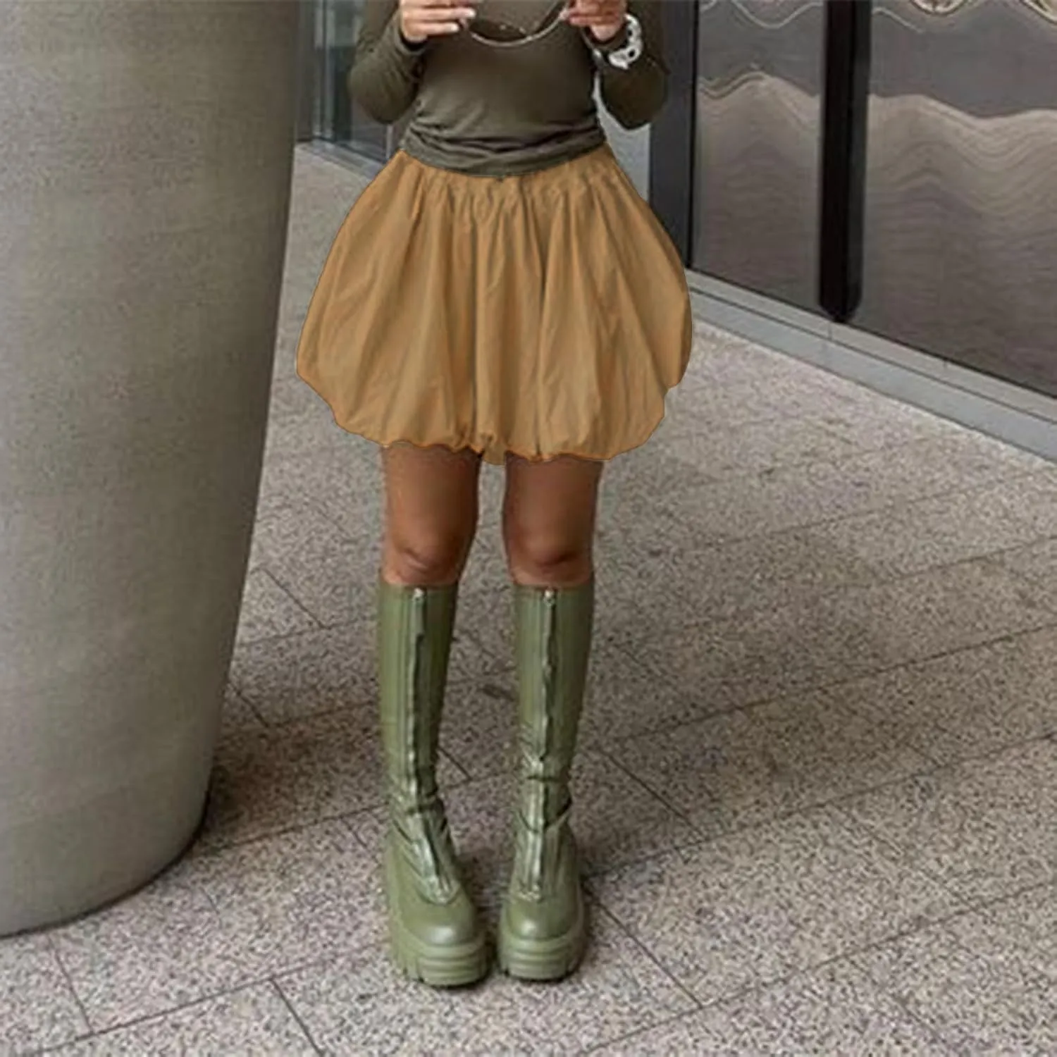 Multitrust Women Y2K Puffy Mini Bubble Skirts Ruffle Hem High Waisted Short Skirts Flared Balloon A Line Skirt Streetwear