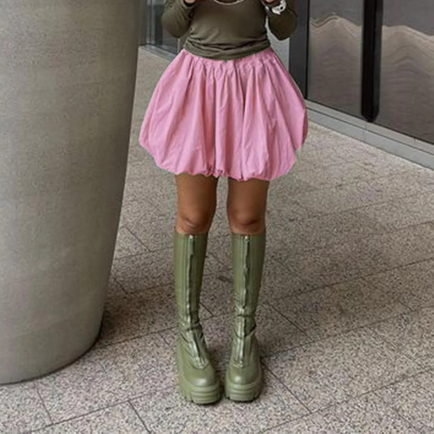 Multitrust Women Y2K Puffy Mini Bubble Skirts Ruffle Hem High Waisted Short Skirts Flared Balloon A Line Skirt Streetwear