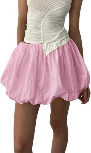 Multitrust Women Y2K Puffy Mini Bubble Skirts Ruffle Hem High Waisted Short Skirts Flared Balloon A Line Skirt Streetwear