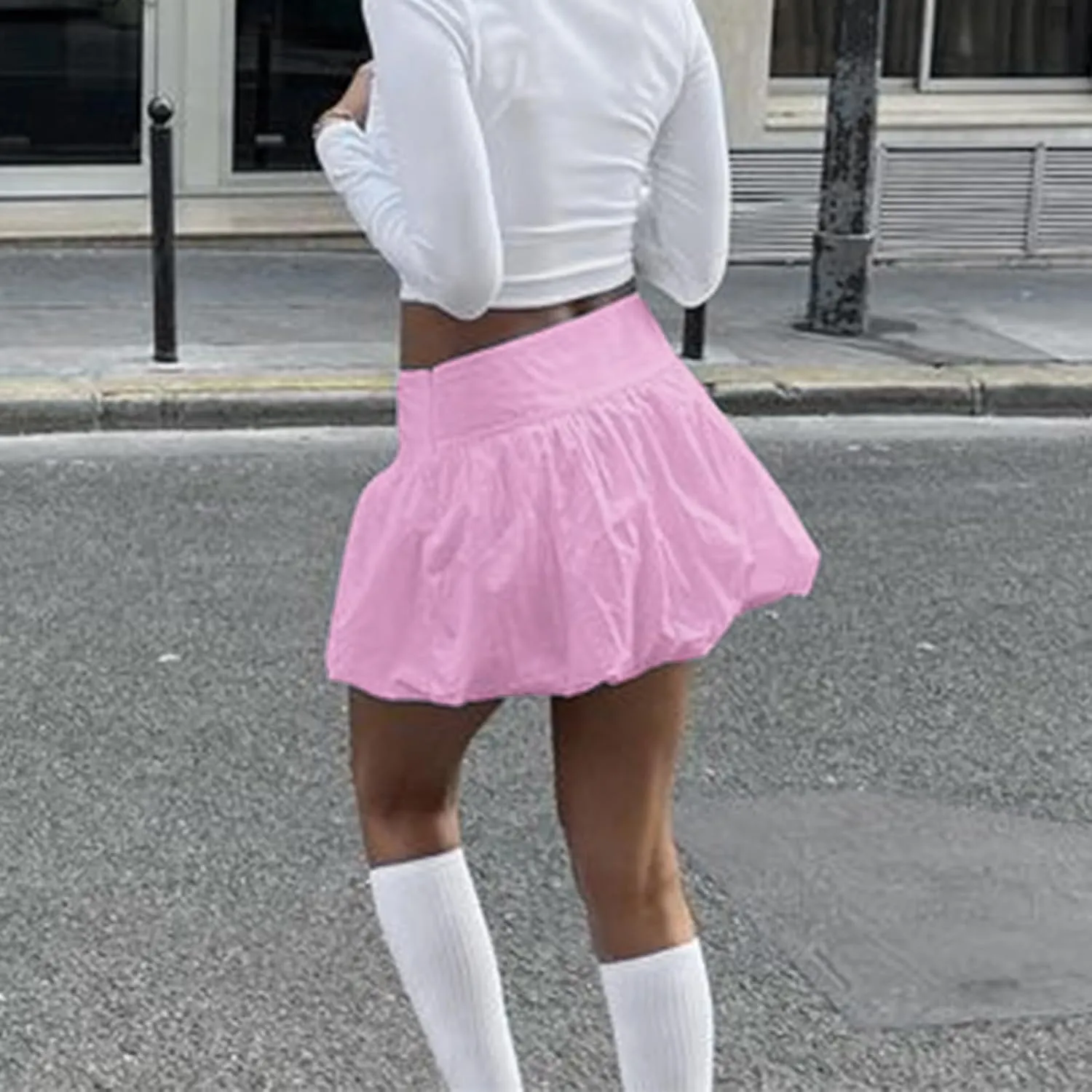 Multitrust Women Y2K Puffy Mini Bubble Skirts Ruffle Hem High Waisted Short Skirts Flared Balloon A Line Skirt Streetwear