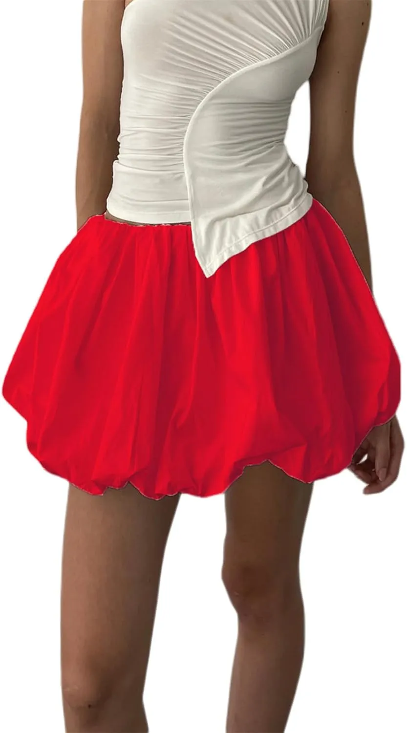 Multitrust Women Y2K Puffy Mini Bubble Skirts Ruffle Hem High Waisted Short Skirts Flared Balloon A Line Skirt Streetwear