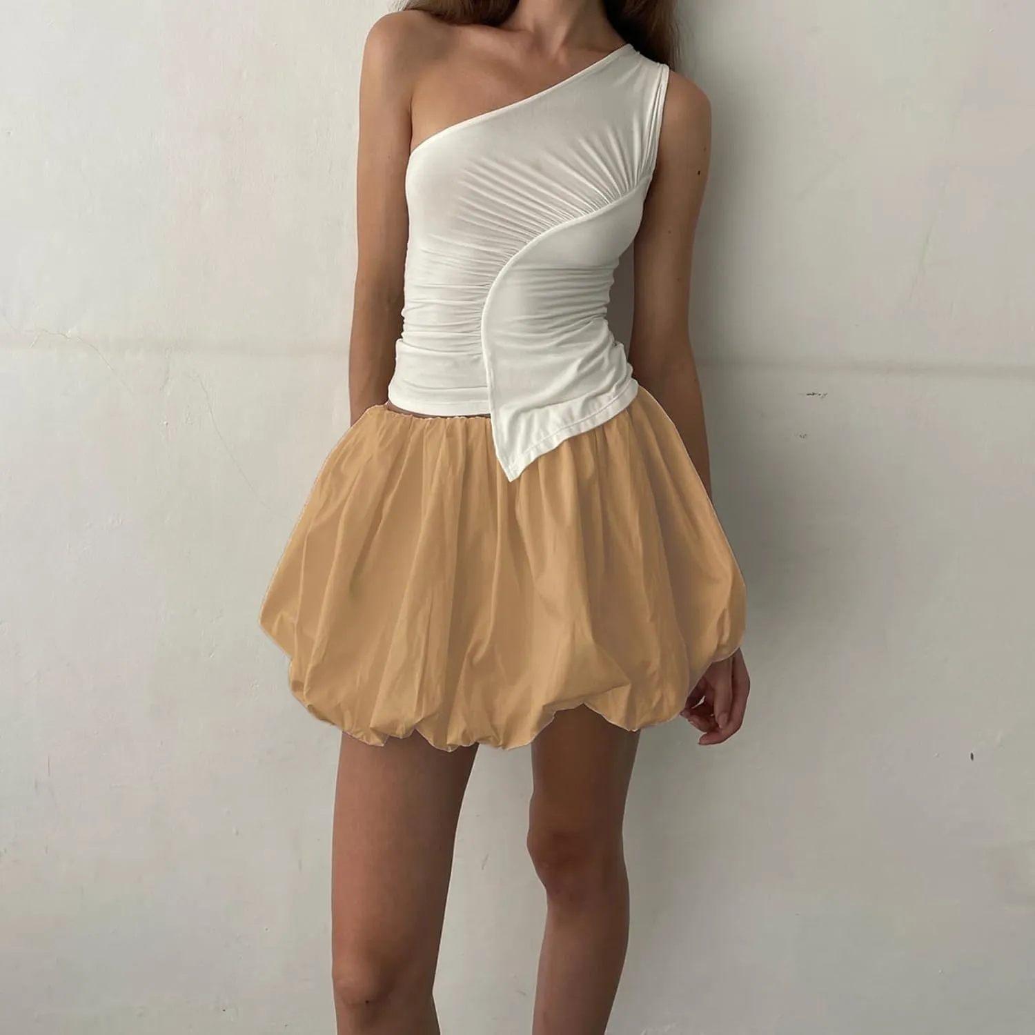 Multitrust Women Y2K Puffy Mini Bubble Skirts Ruffle Hem High Waisted Short Skirts Flared Balloon A Line Skirt Streetwear