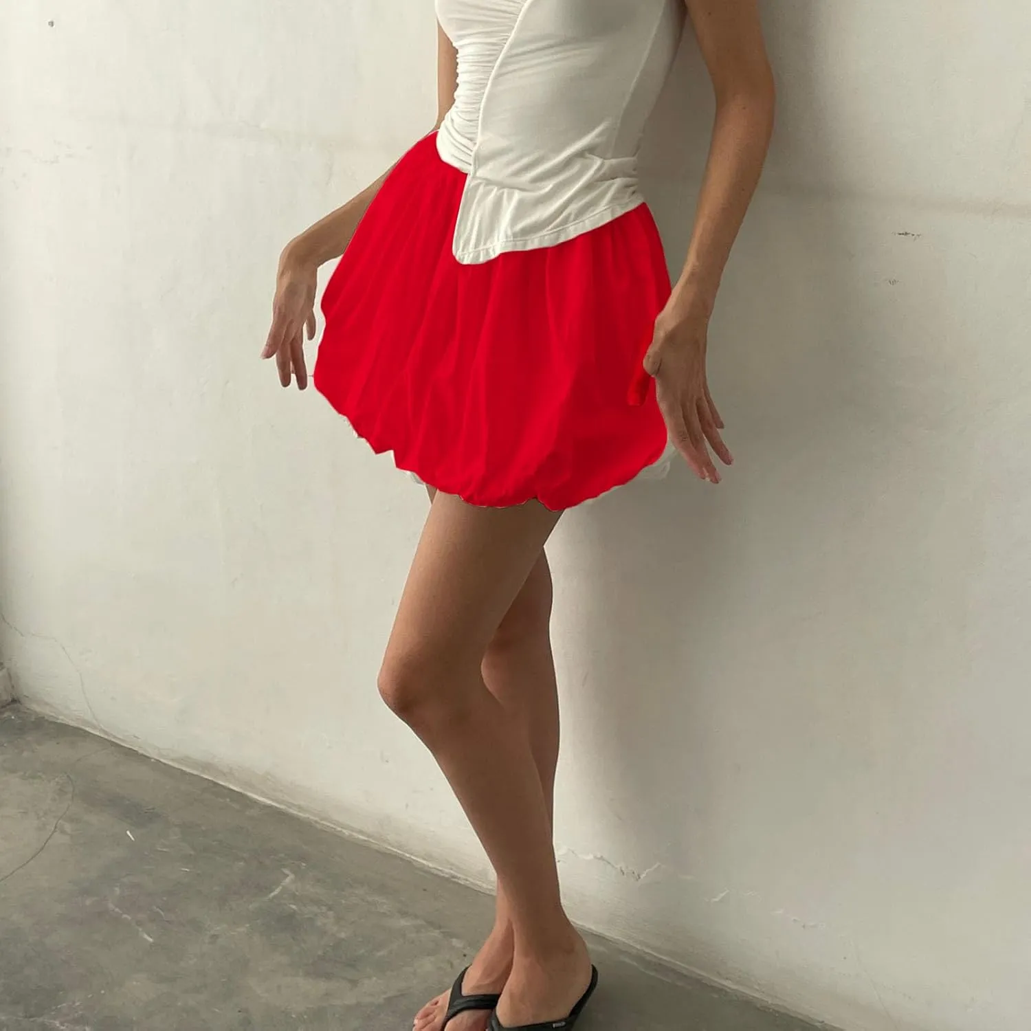 Multitrust Women Y2K Puffy Mini Bubble Skirts Ruffle Hem High Waisted Short Skirts Flared Balloon A Line Skirt Streetwear