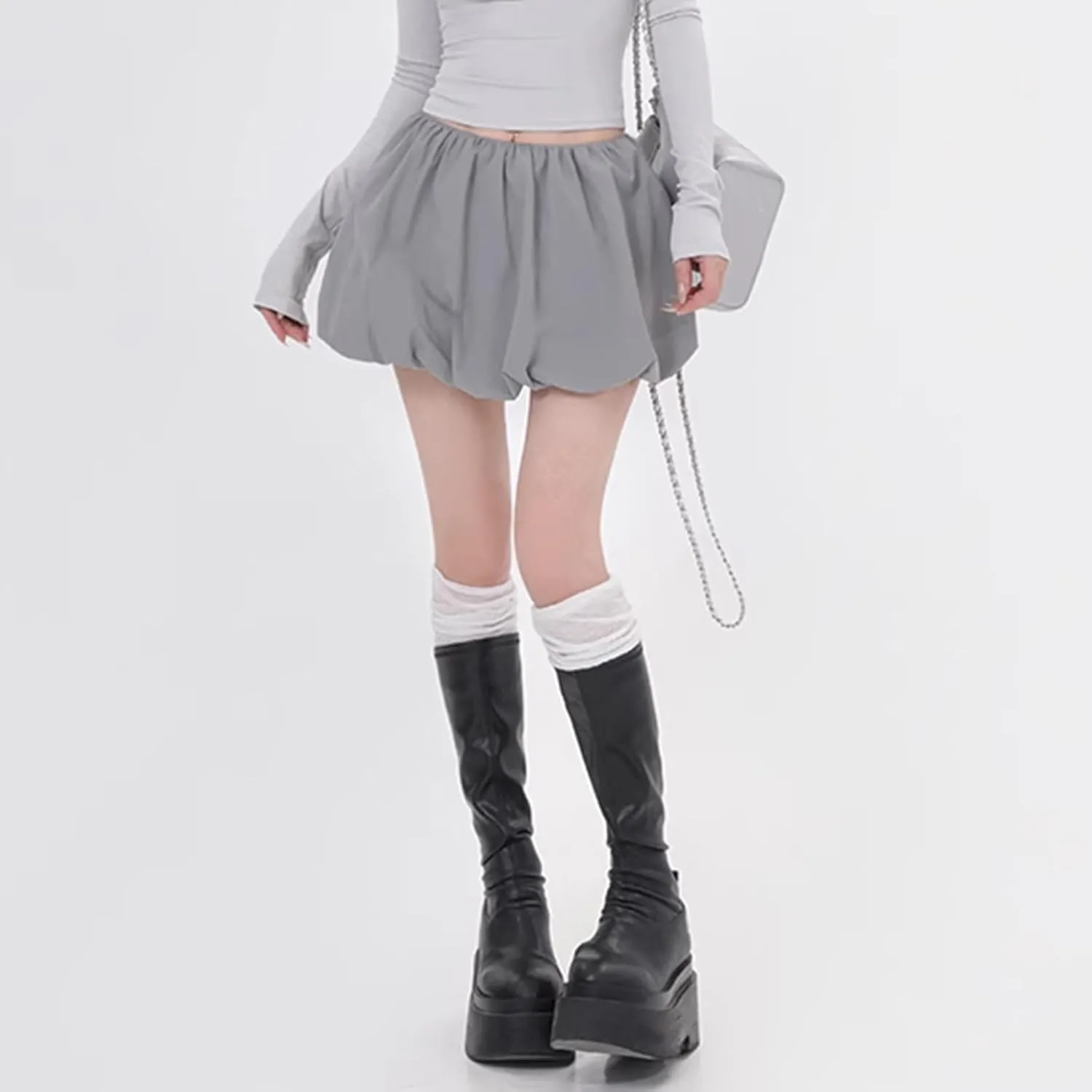 Multitrust Women Y2K Puffy Mini Bubble Skirts Ruffle Hem High Waisted Short Skirts Flared Balloon A Line Skirt Streetwear