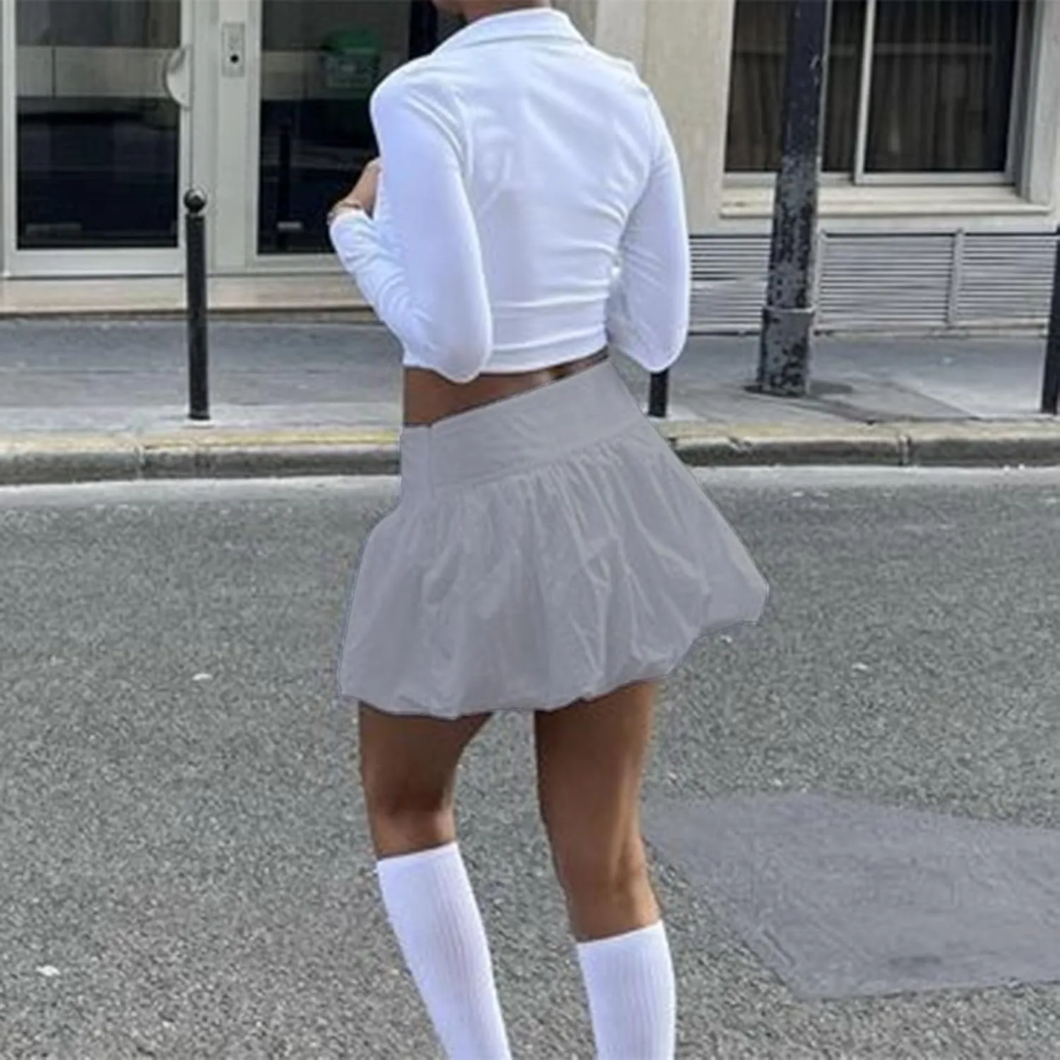 Multitrust Women Y2K Puffy Mini Bubble Skirts Ruffle Hem High Waisted Short Skirts Flared Balloon A Line Skirt Streetwear