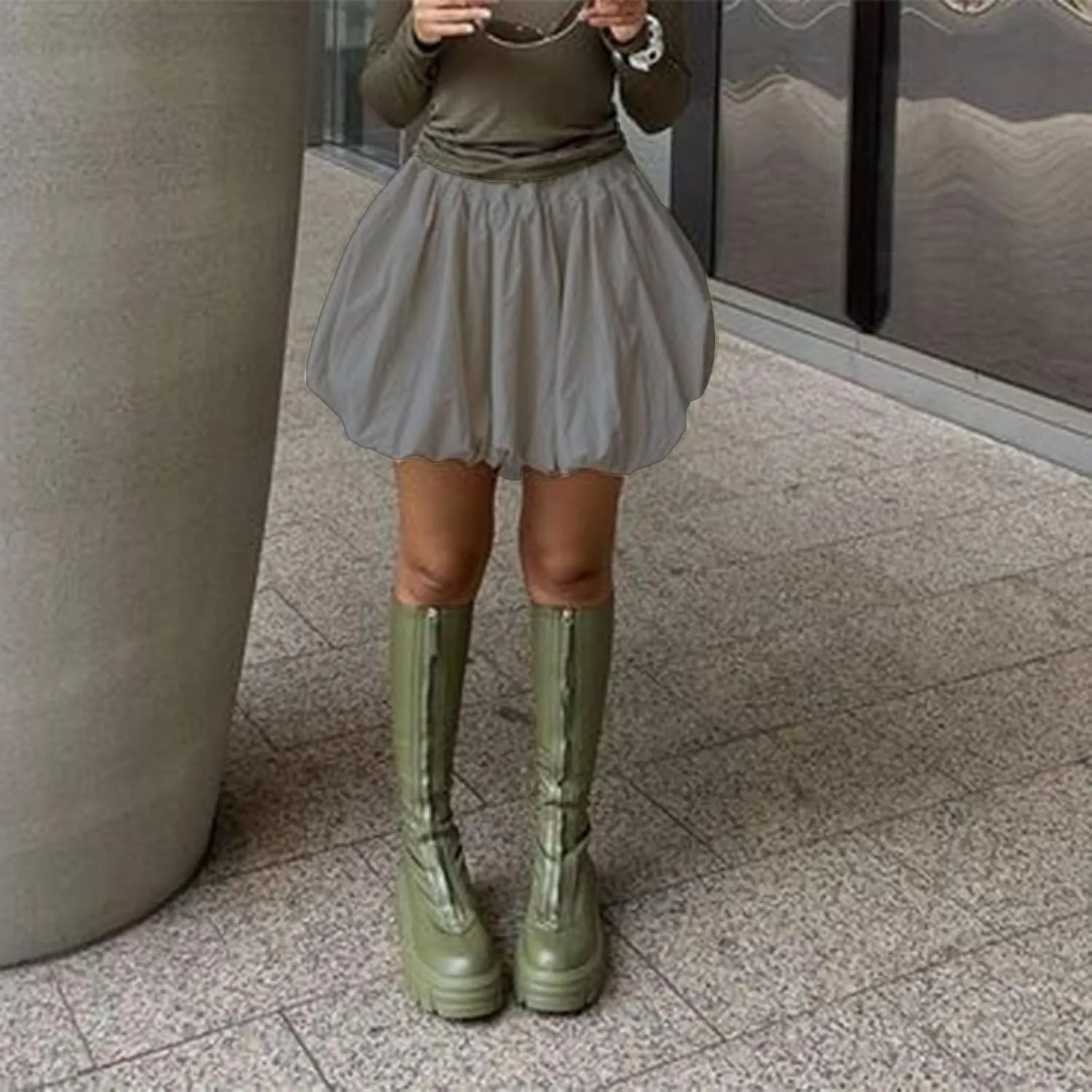 Multitrust Women Y2K Puffy Mini Bubble Skirts Ruffle Hem High Waisted Short Skirts Flared Balloon A Line Skirt Streetwear