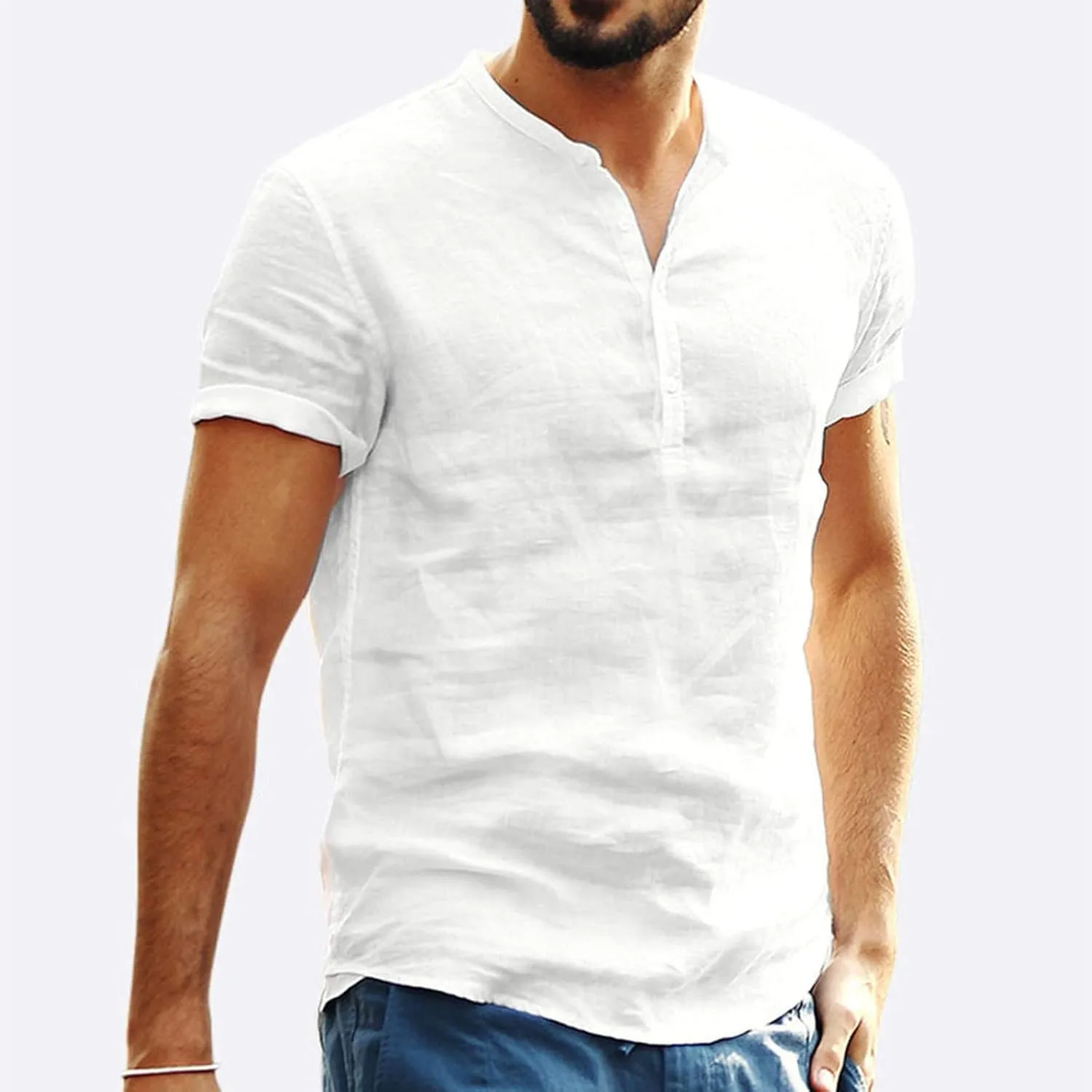 Muscularfit Polo Shirt Men 2024 Cotton Linen Short Sleeve V Neck Henley Shirt Summer Causal Solid Tee Tops Fashion Outfits