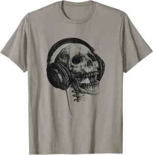 Music Forever Skull With Headphones Ink Graphic Rock Song T-Shirt