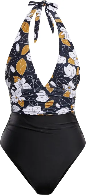 Narecte Sexy One Piece Bathing Suit for Women Tummy Control Halter One Piece Swimsuit Push Up Womens Swim Suit