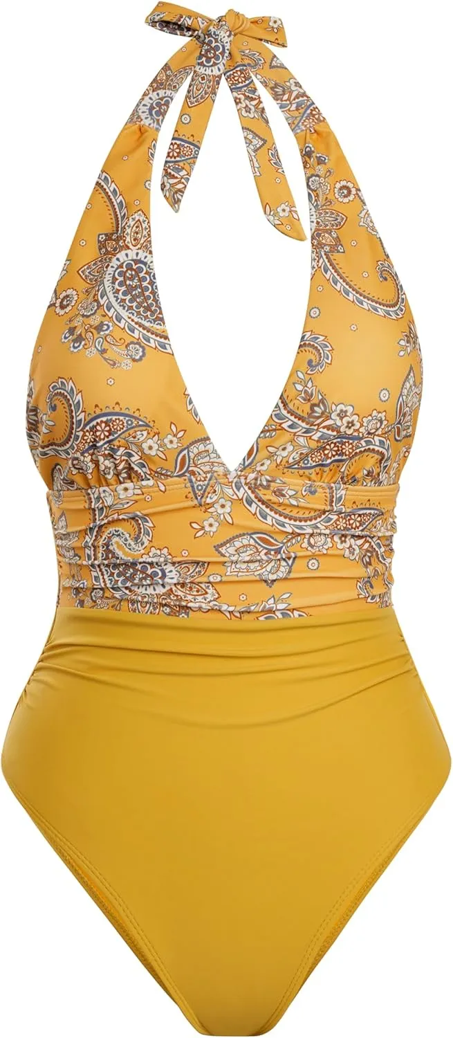 Narecte Sexy One Piece Bathing Suit for Women Tummy Control Halter One Piece Swimsuit Push Up Womens Swim Suit