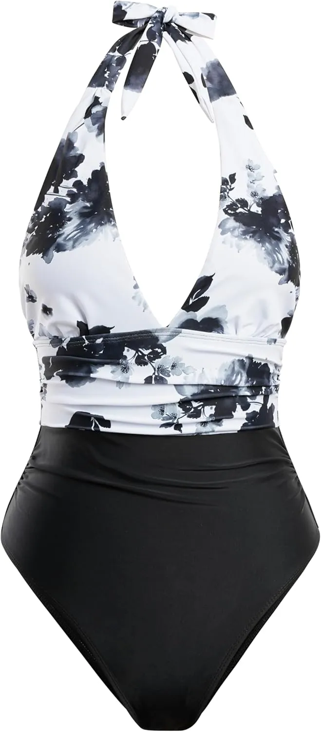 Narecte Sexy One Piece Bathing Suit for Women Tummy Control Halter One Piece Swimsuit Push Up Womens Swim Suit