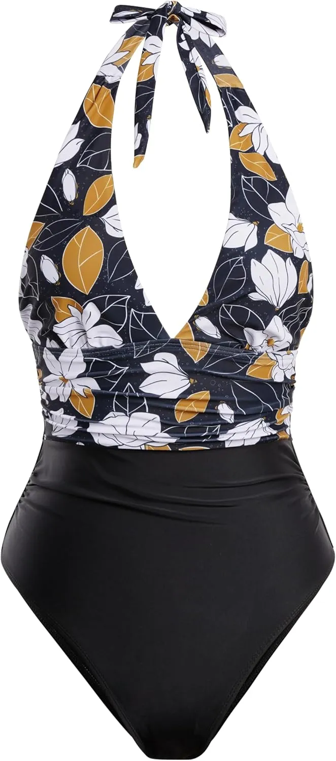 Narecte Sexy One Piece Bathing Suit for Women Tummy Control Halter One Piece Swimsuit Push Up Womens Swim Suit