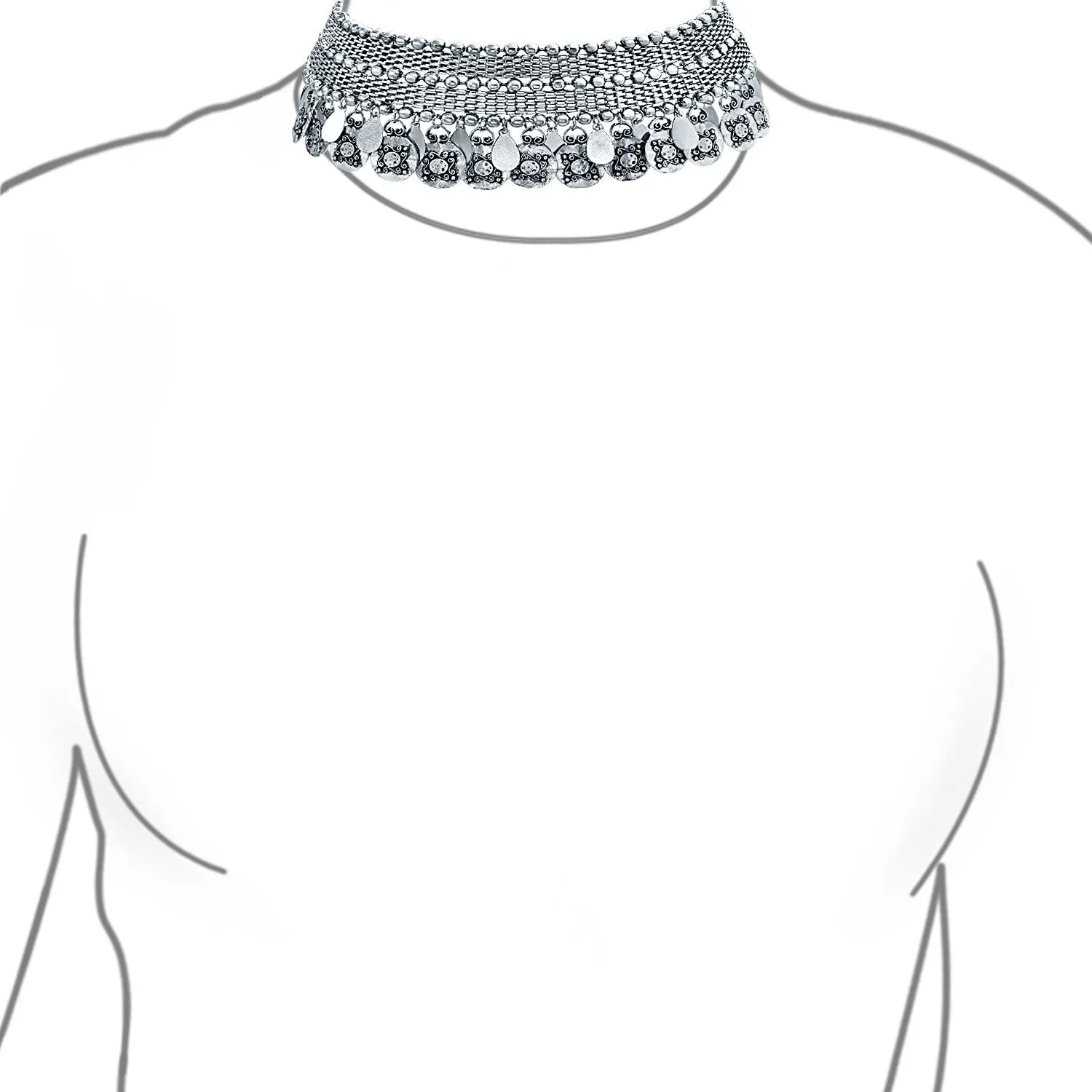 Native American Style Bohemian Choker Necklace with Dangling Coins Oxidized Silver