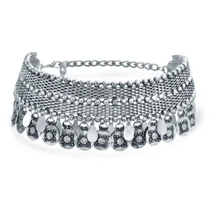 Native American Style Bohemian Choker Necklace with Dangling Coins Oxidized Silver