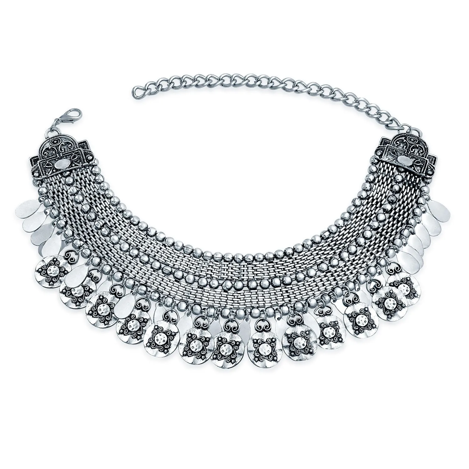 Native American Style Bohemian Choker Necklace with Dangling Coins Oxidized Silver