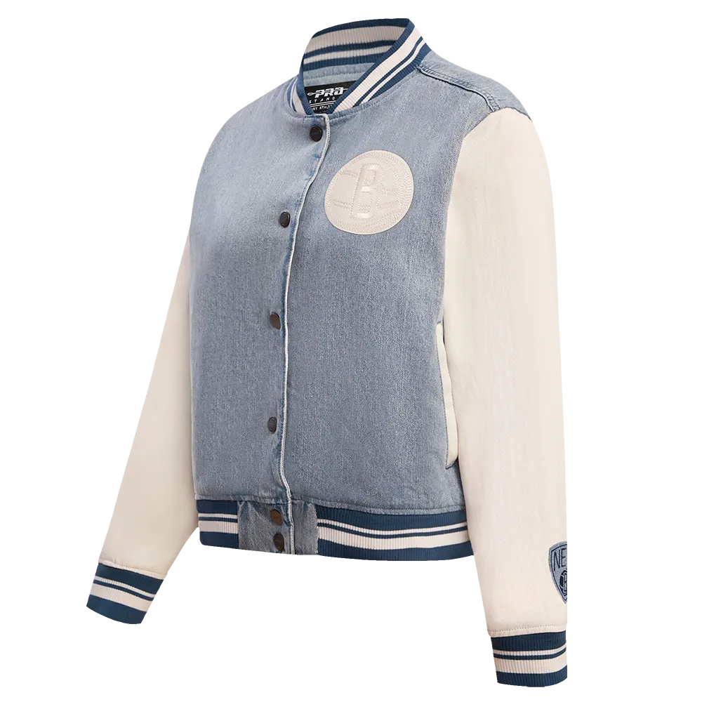 NBA BROOKLYN NETS VARSITY BLUES WOMEN'S DENIM WOMEN'S VARSITY JACKET (DENIM/LINEN)