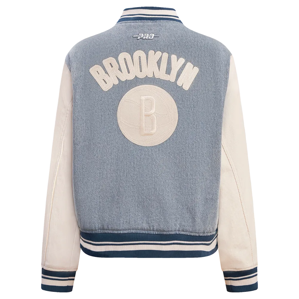 NBA BROOKLYN NETS VARSITY BLUES WOMEN'S DENIM WOMEN'S VARSITY JACKET (DENIM/LINEN)