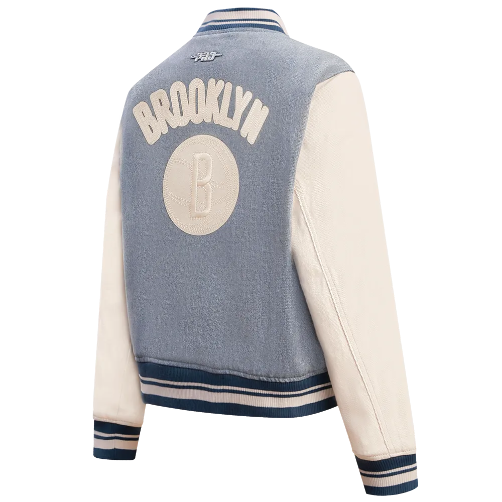 NBA BROOKLYN NETS VARSITY BLUES WOMEN'S DENIM WOMEN'S VARSITY JACKET (DENIM/LINEN)