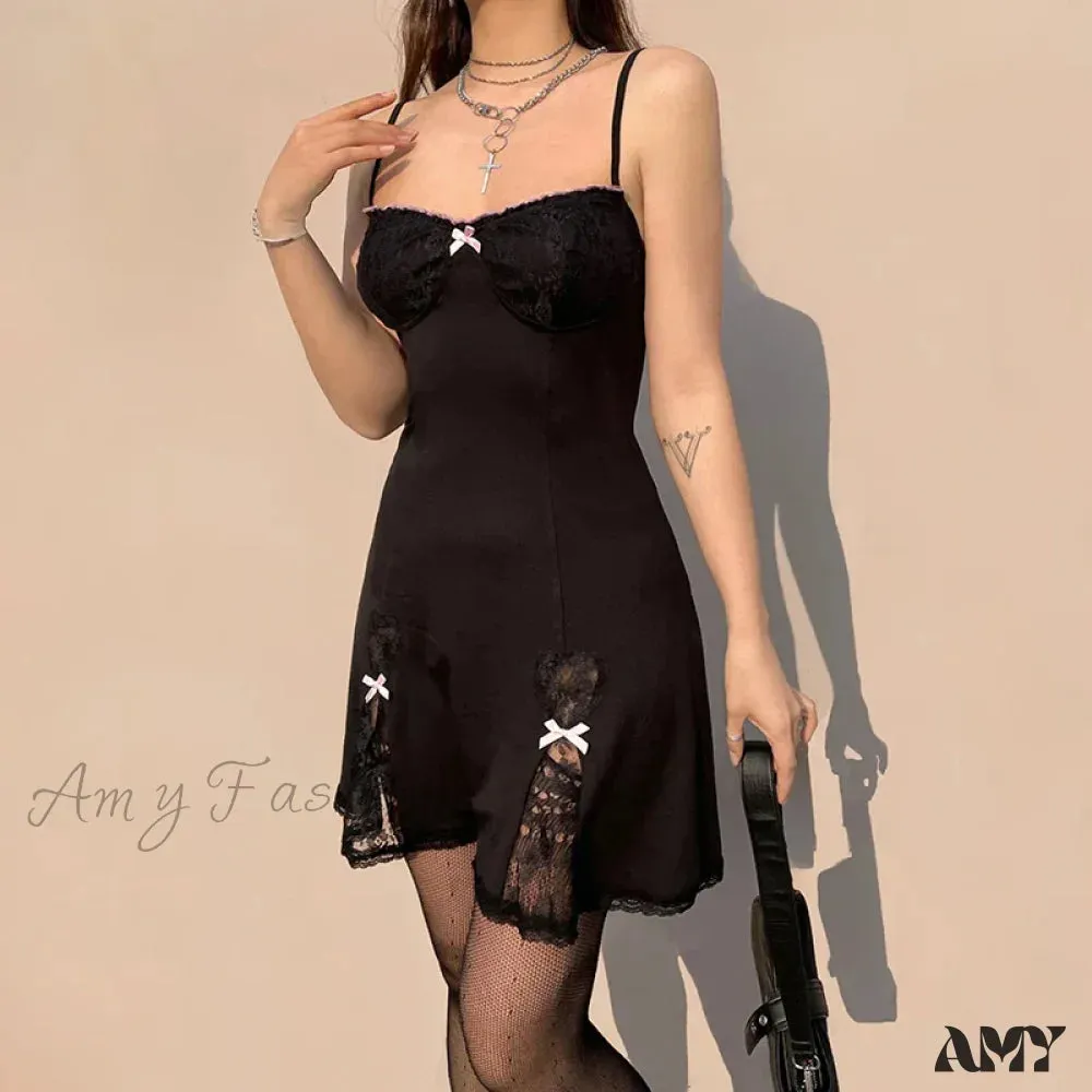 Neck Sleeveless Style V Lace Gothic Grunge Trim Bow Mini Aesthetic A-Line Y2K Dress Lolita Black