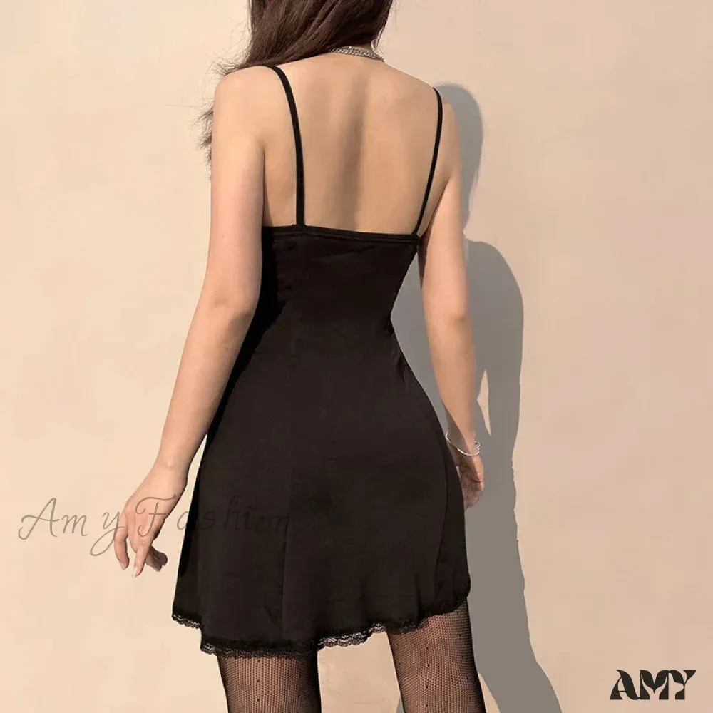 Neck Sleeveless Style V Lace Gothic Grunge Trim Bow Mini Aesthetic A-Line Y2K Dress Lolita Black