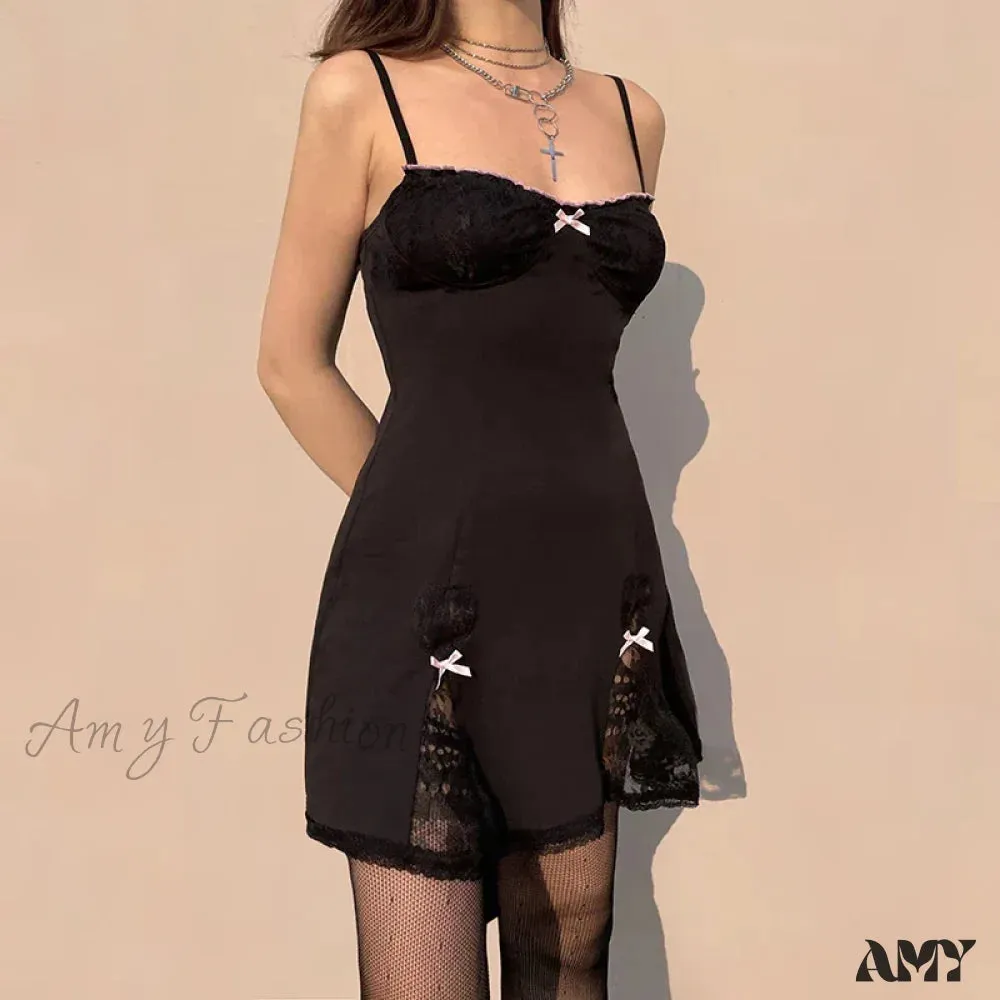 Neck Sleeveless Style V Lace Gothic Grunge Trim Bow Mini Aesthetic A-Line Y2K Dress Lolita Black