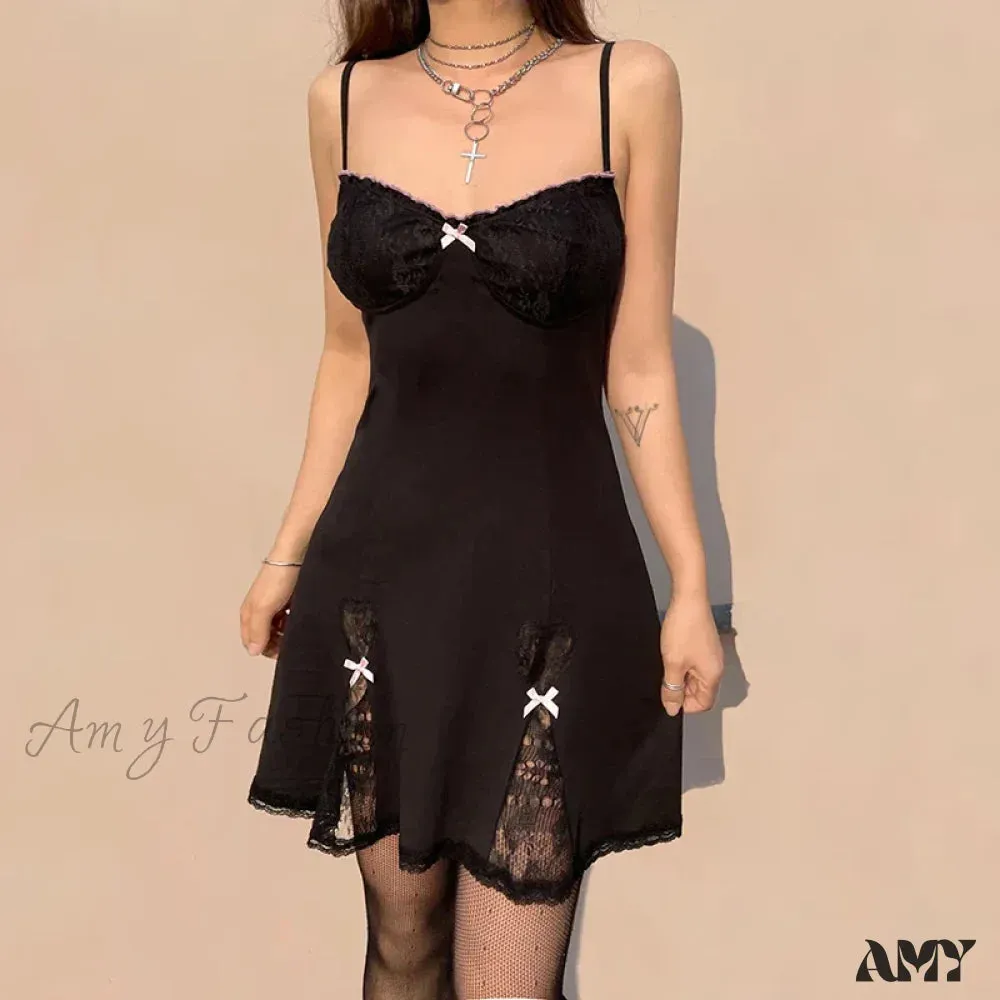 Neck Sleeveless Style V Lace Gothic Grunge Trim Bow Mini Aesthetic A-Line Y2K Dress Lolita Black