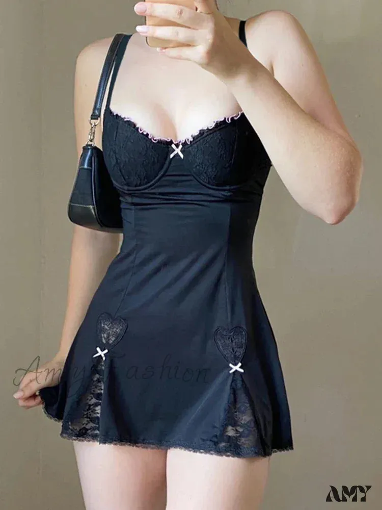 Neck Sleeveless Style V Lace Gothic Grunge Trim Bow Mini Aesthetic A-Line Y2K Dress Lolita Black