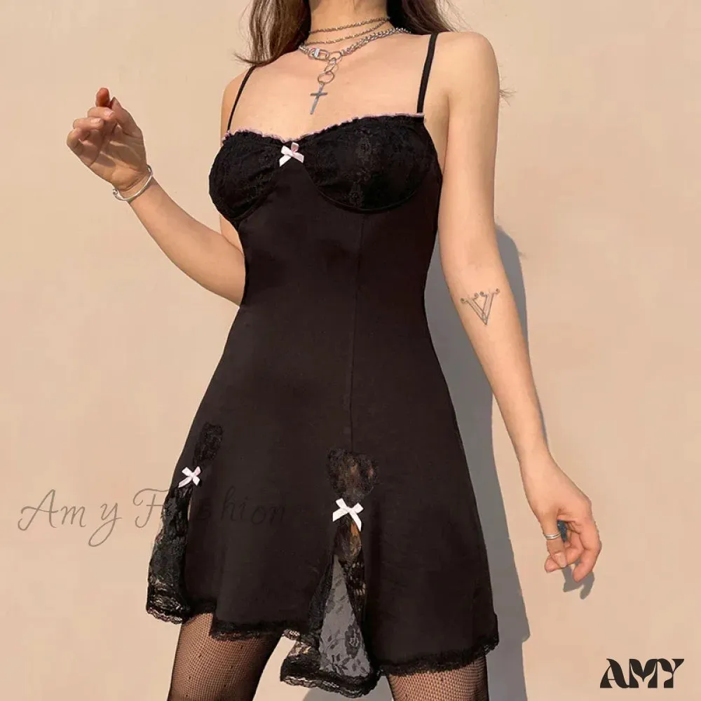 Neck Sleeveless Style V Lace Gothic Grunge Trim Bow Mini Aesthetic A-Line Y2K Dress Lolita Black