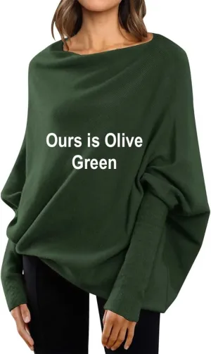 NEW Asymmetric Draped Jumper Baggy Sweater, Fall Sweaters Oversized Off The Shoulder Sweater for Women One Shoulder Tops Elegant Pullover Sweatshirts, Olive Green, One Size