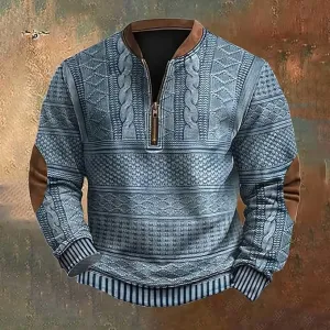 NEW Men's Vintage Knit Print Sweatshirt Casual Long Sleeve Pullover Henley Shirts Zip Up Stand Collar Jackets, Blue, Sz M