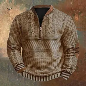 NEW Men's Vintage Knit Print Sweatshirt Casual Long Sleeve Pullover Henley Shirts Zip Up Stand Collar Jackets, Brown, Sz M