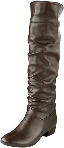 NEW Womens Knee High Boots with Side Zipper Dark Brown, Round Head soft PU Leather Boots, Sz 11