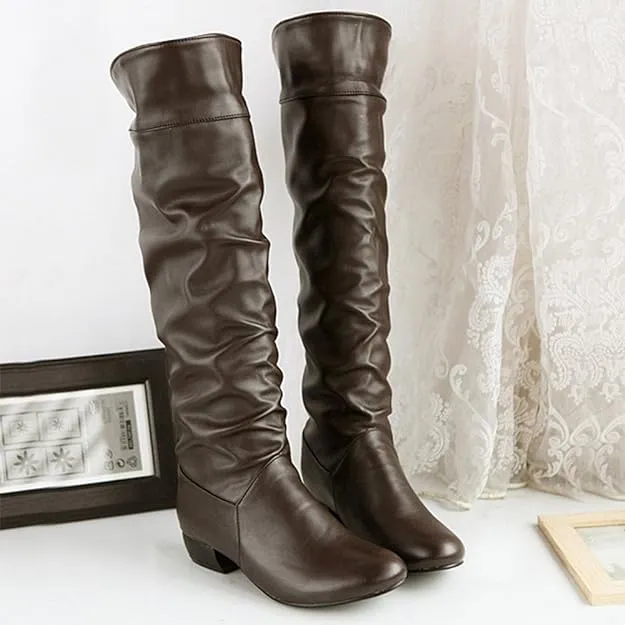 NEW Womens Knee High Boots with Side Zipper Dark Brown, Round Head soft PU Leather Boots, Sz 11