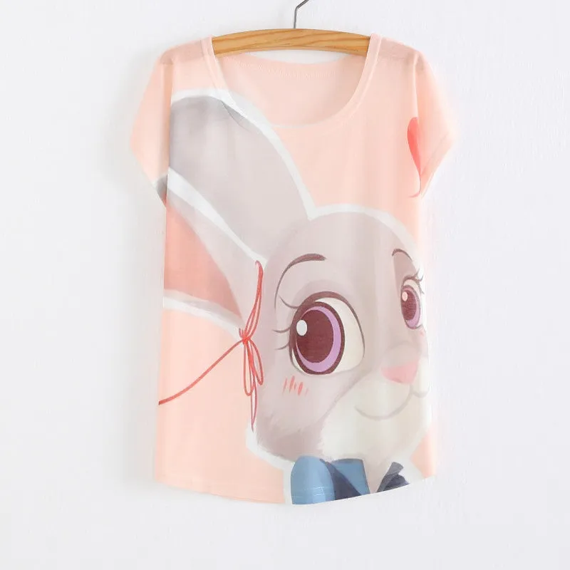 New Women's T-shirt summer tees top Thin style Cute rabbit Judy print batwing sleeve T shirts