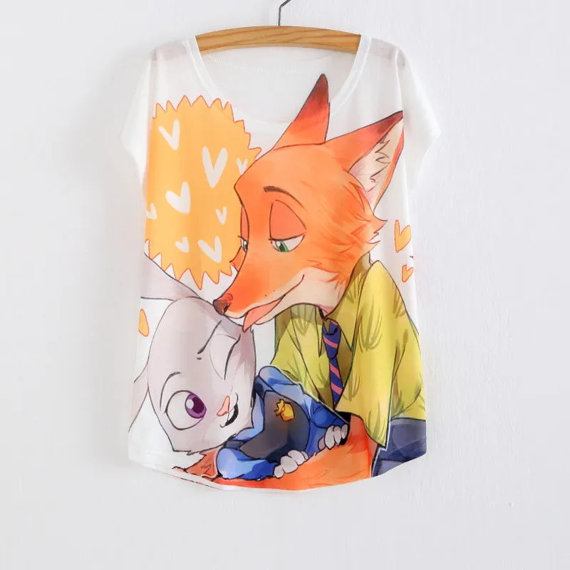 New Women's T-shirt summer tees top Thin style Cute rabbit Judy print batwing sleeve T shirts