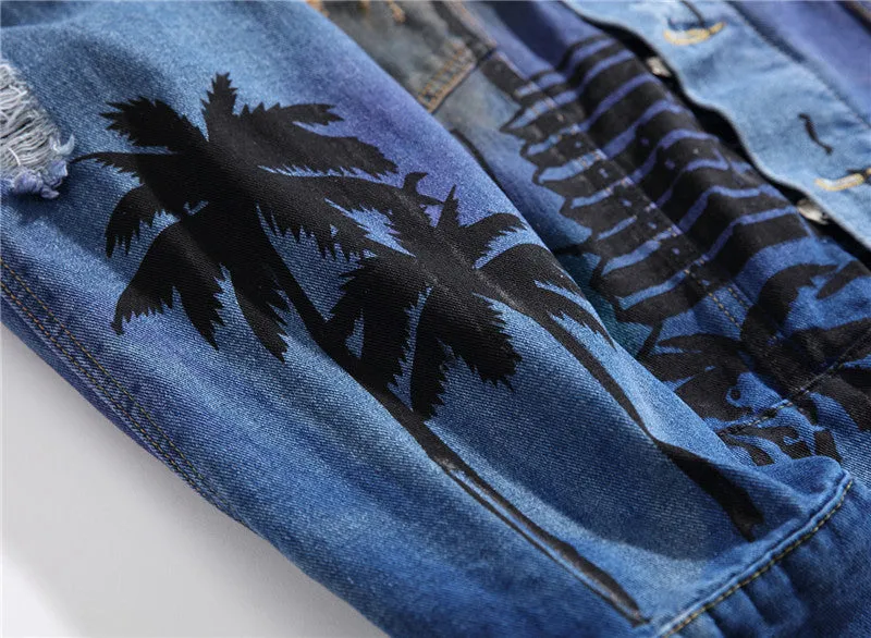 Newest Slim Fit Men's Ripped Denim Streetwear Jacket Printed