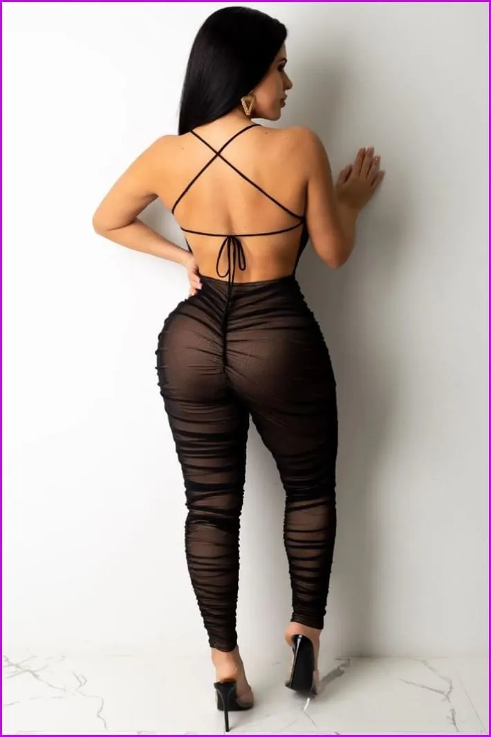 Night Club Gauze Ruched Backless Sleeveless Jumpsuit F913