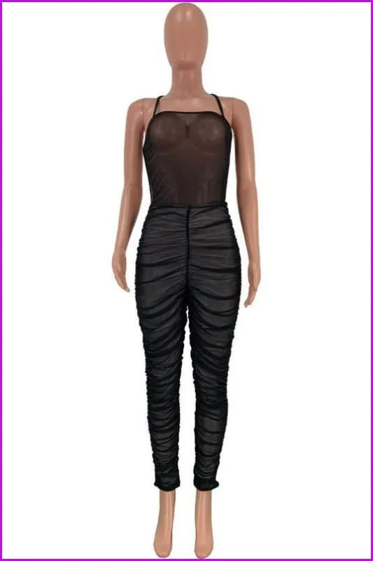 Night Club Gauze Ruched Backless Sleeveless Jumpsuit F913