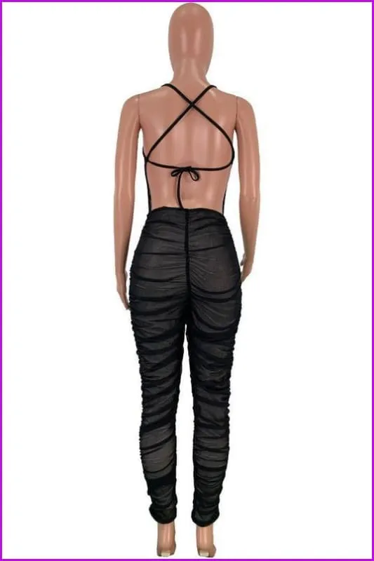 Night Club Gauze Ruched Backless Sleeveless Jumpsuit F913