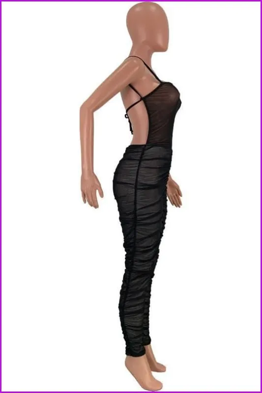 Night Club Gauze Ruched Backless Sleeveless Jumpsuit F913