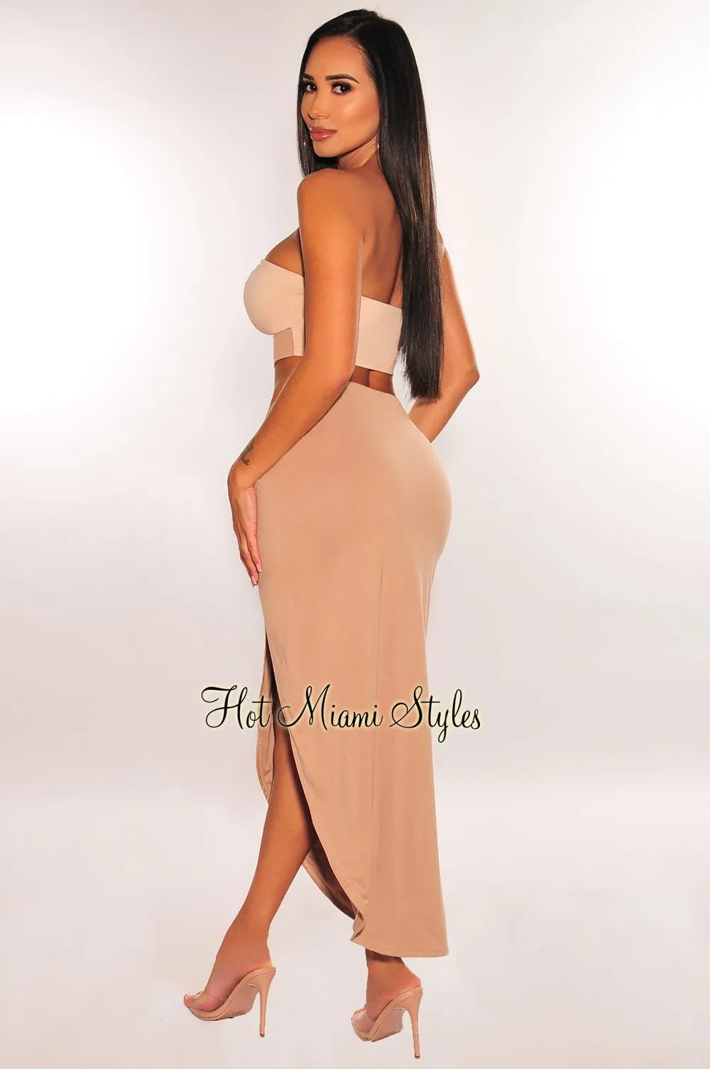 Nude Two Toned Strapless O Ring Cut Out Slit Skirt Two Piece Set
