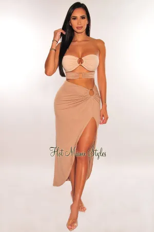 Nude Two Toned Strapless O Ring Cut Out Slit Skirt Two Piece Set