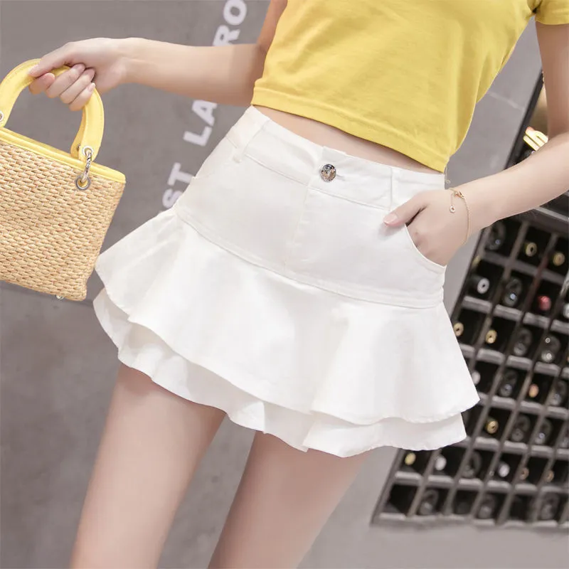 Nukty Ruffle Pleated Skirts Womens Summer Low Waist A Line Y2K Denim Skirt Sexy Mini Short Skirts Women Sex Jeans Woman Skirts