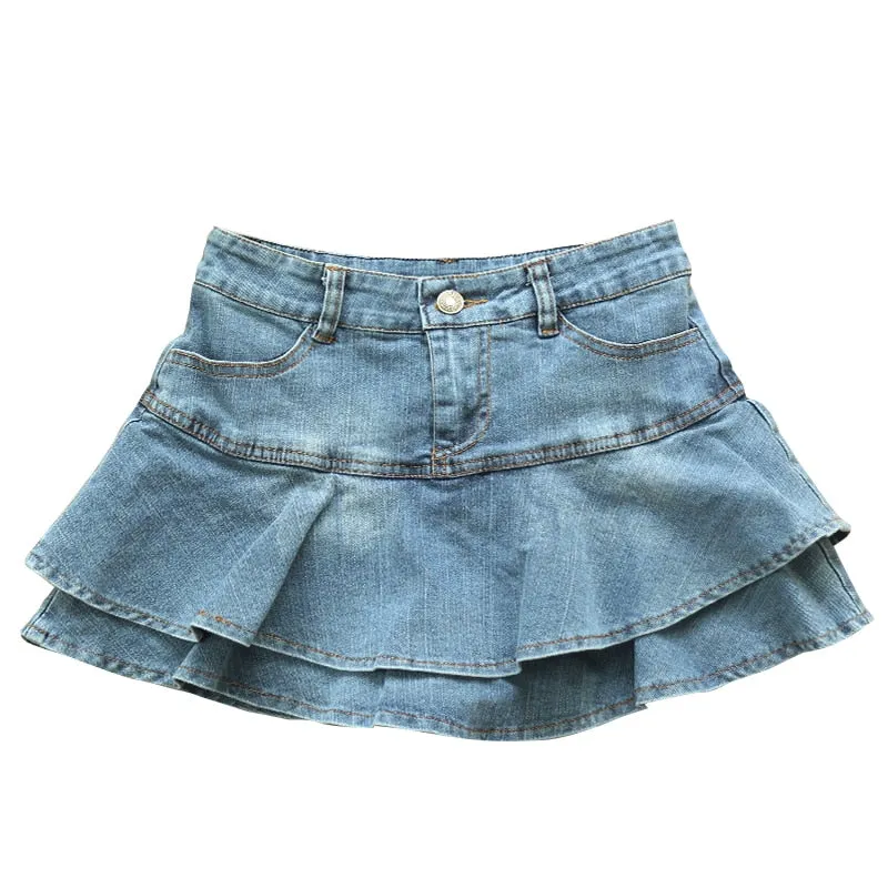 Nukty Ruffle Pleated Skirts Womens Summer Low Waist A Line Y2K Denim Skirt Sexy Mini Short Skirts Women Sex Jeans Woman Skirts