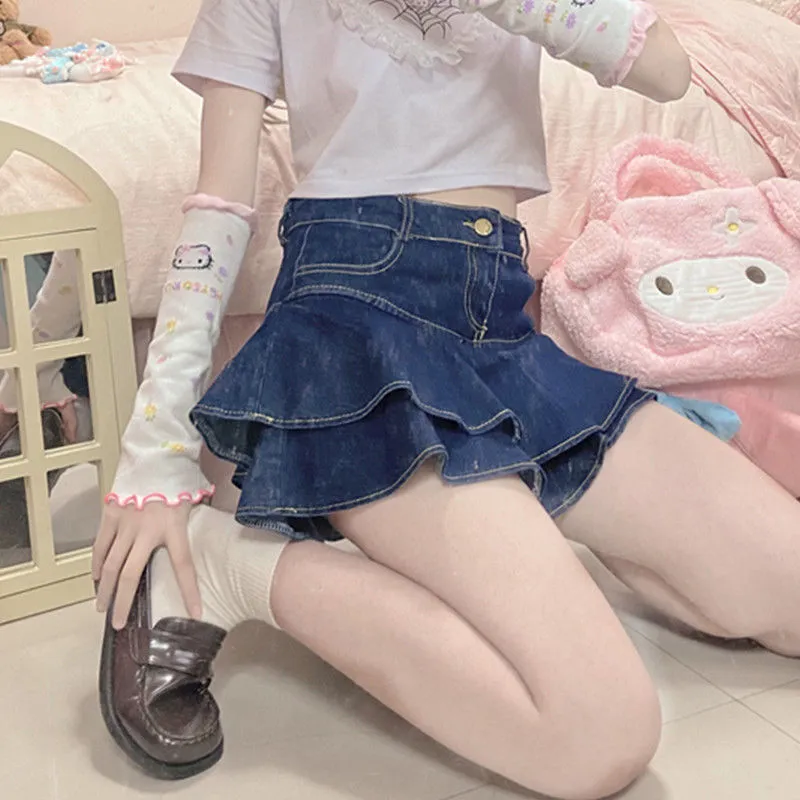 Nukty Ruffle Pleated Skirts Womens Summer Low Waist A Line Y2K Denim Skirt Sexy Mini Short Skirts Women Sex Jeans Woman Skirts