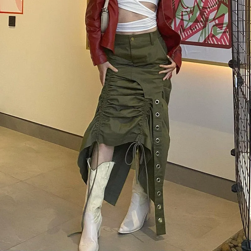 Nukty y2k Ruched Skirt Women Solid Color Low Waist Tie Up Bandage Long Irregular Skirt 2000s Aesthetic Skirt Korean Fashion Streetwear