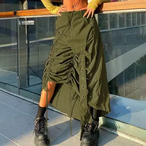 Nukty y2k Ruched Skirt Women Solid Color Low Waist Tie Up Bandage Long Irregular Skirt 2000s Aesthetic Skirt Korean Fashion Streetwear