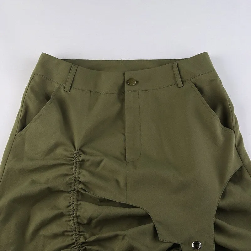 Nukty y2k Ruched Skirt Women Solid Color Low Waist Tie Up Bandage Long Irregular Skirt 2000s Aesthetic Skirt Korean Fashion Streetwear